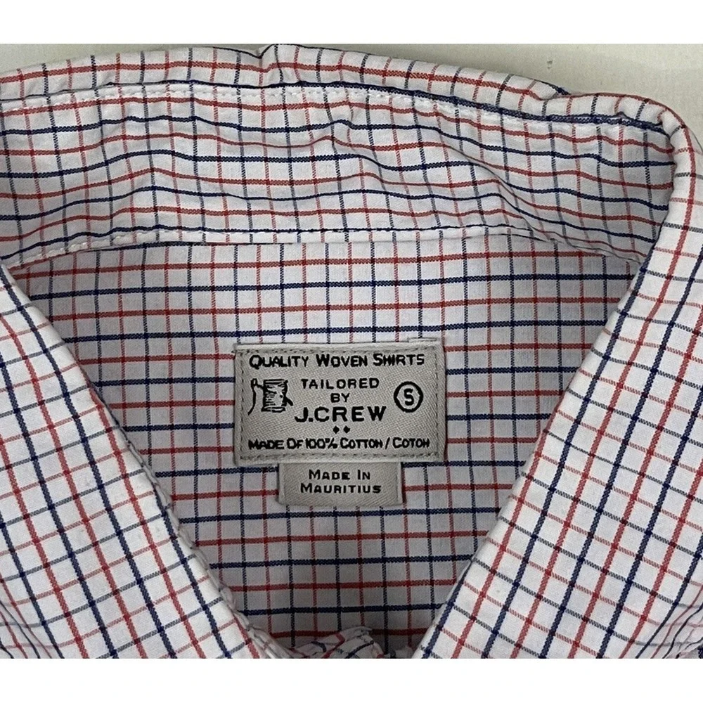 J.Crew Mens‎ Gingham Woven Shirt Small White Blue Red Plaid Cotton Tattersall